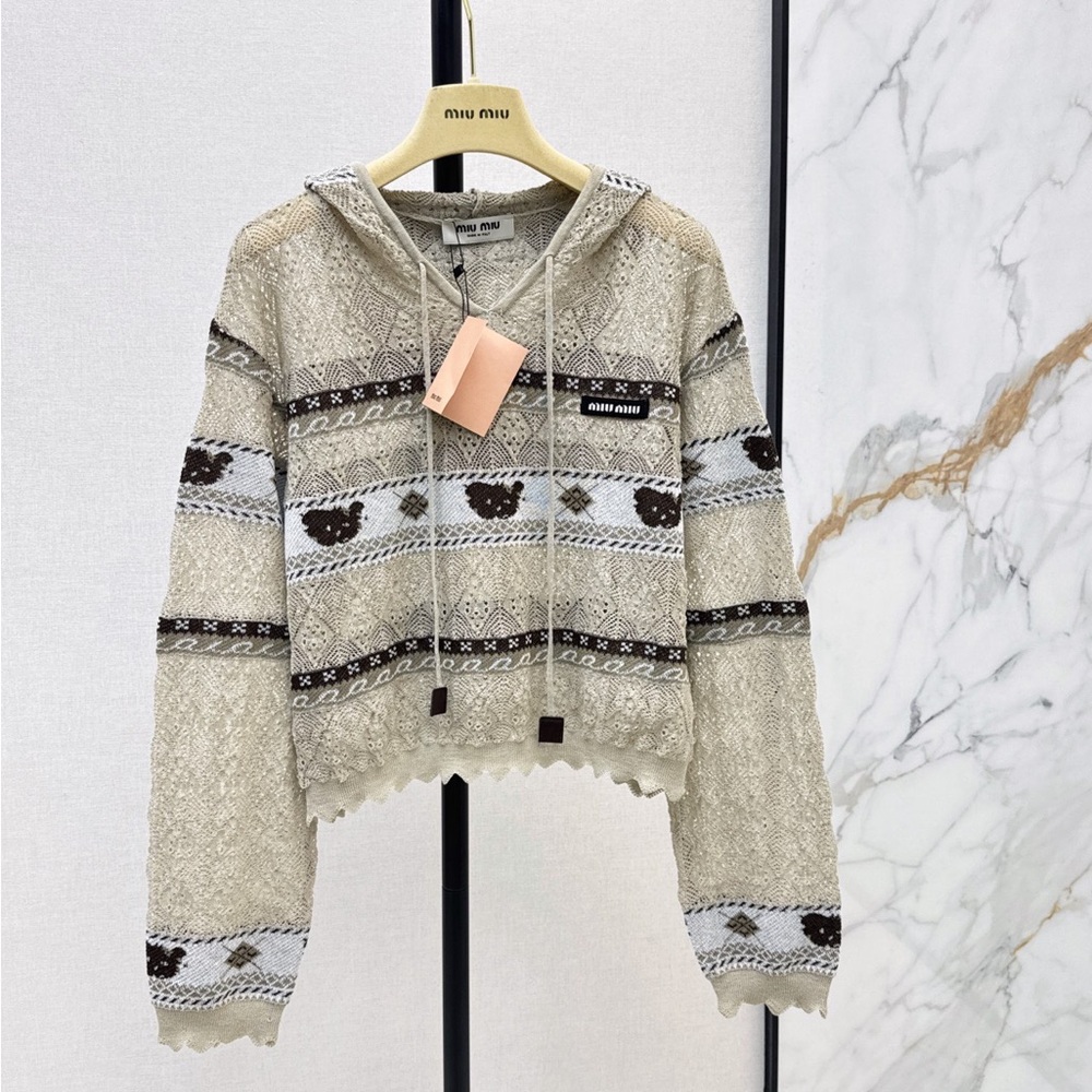 Miu Miu Beige, Brown and White Hooded Knit Pullover